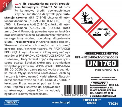 Preparat biobójczy do usuwania grzybów, mchów, glonów TENZI, Topefekt Moss, 5l