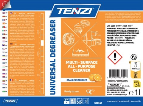 Uniwersalny preparat do usuwania tłuszczu TENZI, zapach pomarańczy, anglojęzyczna etykieta, 1l