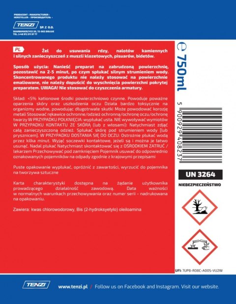 Żel do usuwania kamienia i rdzy TENZI, 0,75l