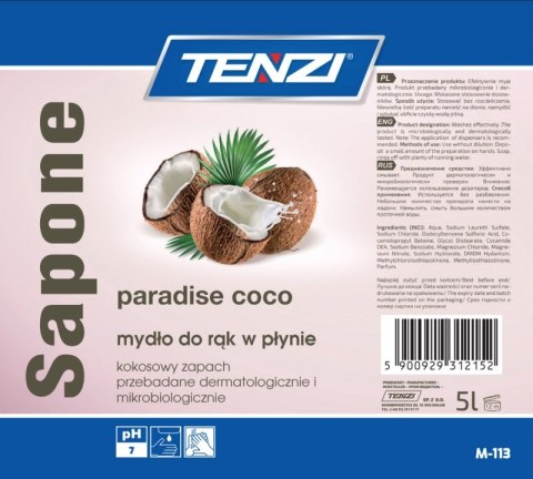 Mydło w płynie TENZI, zapach kokosowy, Sapone Paradise Coco, 5l