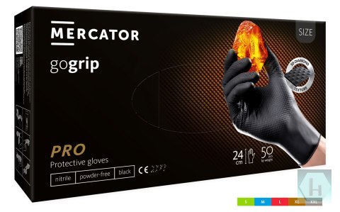 Rękawice nitrylowe bezpudrowe mocne/grube MERCATOR, GOGRIP czarne, (50 szt.), rozmiar XL, RP30060005