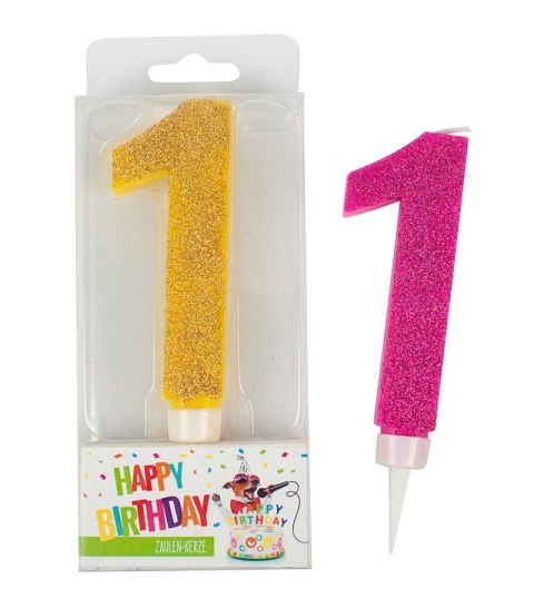 Świeczka urodzinowa TRENDHAUS Birthday Fun maxi, brokatowa, cyfra 1, mix kolorów