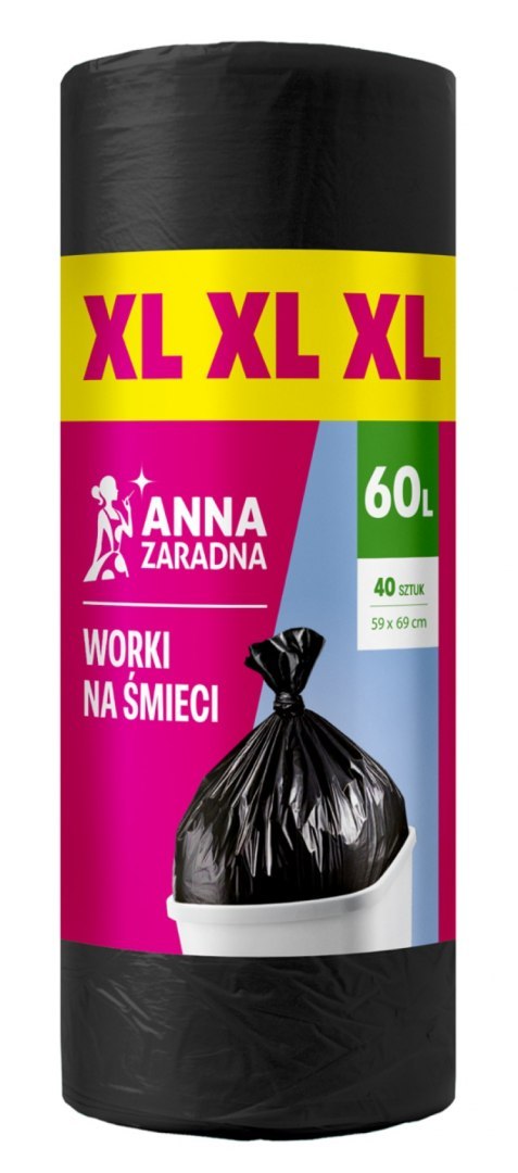 Worki na śmieci ANNA ZARADNA XL, wytrzymałe, 60l, 40 szt., czarne