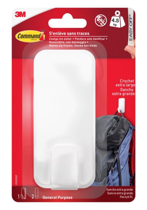 Haczyk COMMAND™ (17010FESIP), XL do ciężkich przedmiotów do 4,5kg, 1 haczyk + 2 paski, biały