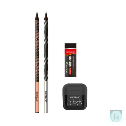 Zestaw szkolny KEYROAD Black Pencil Set, 2x czarny ołówek + gumka + temperówka, blister, czarny