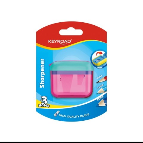 Temperówka plastikowa KEYROAD, potrójna, z pojemnikiem, blister, mix kolorów