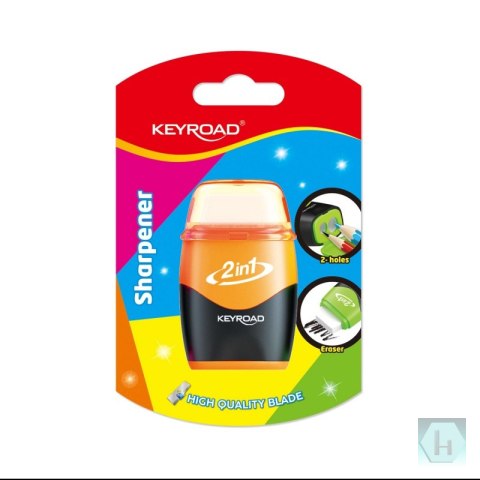 Temperówka plastikowa z gumką KEYROAD, neonowa, podwójna, blister, mix kolorów